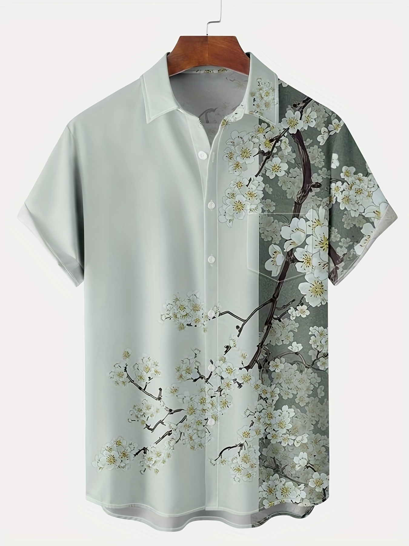 floral sakura print mens casual short sleeve shirt with chest pocket mens shirt for summer vacation resort tops for men details 1