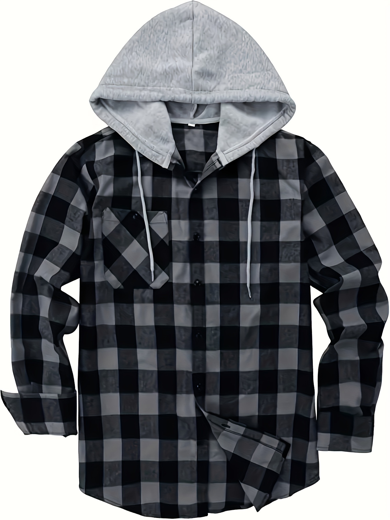 plaid pattern mens long sleeve hooded shirt with chest pocket drawstring mens casual spring fall clothing details 7