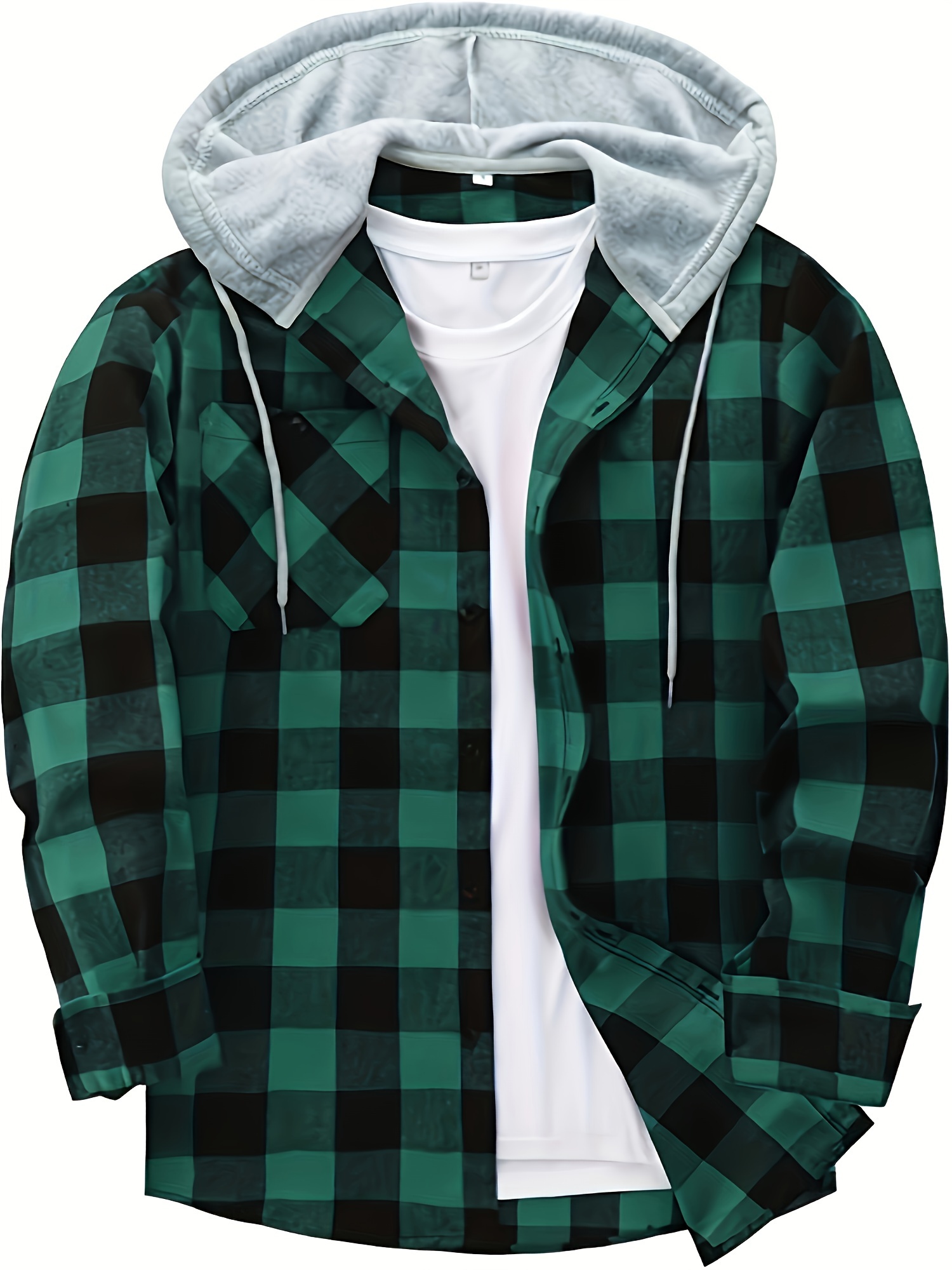 plaid pattern mens long sleeve hooded shirt with chest pocket drawstring mens casual spring fall clothing details 15