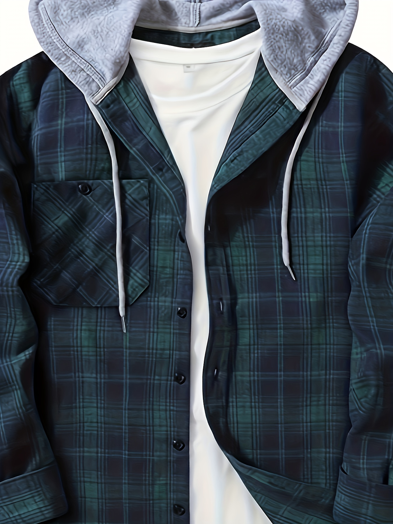 plaid pattern mens long sleeve hooded shirt with chest pocket drawstring mens casual spring fall clothing details 27