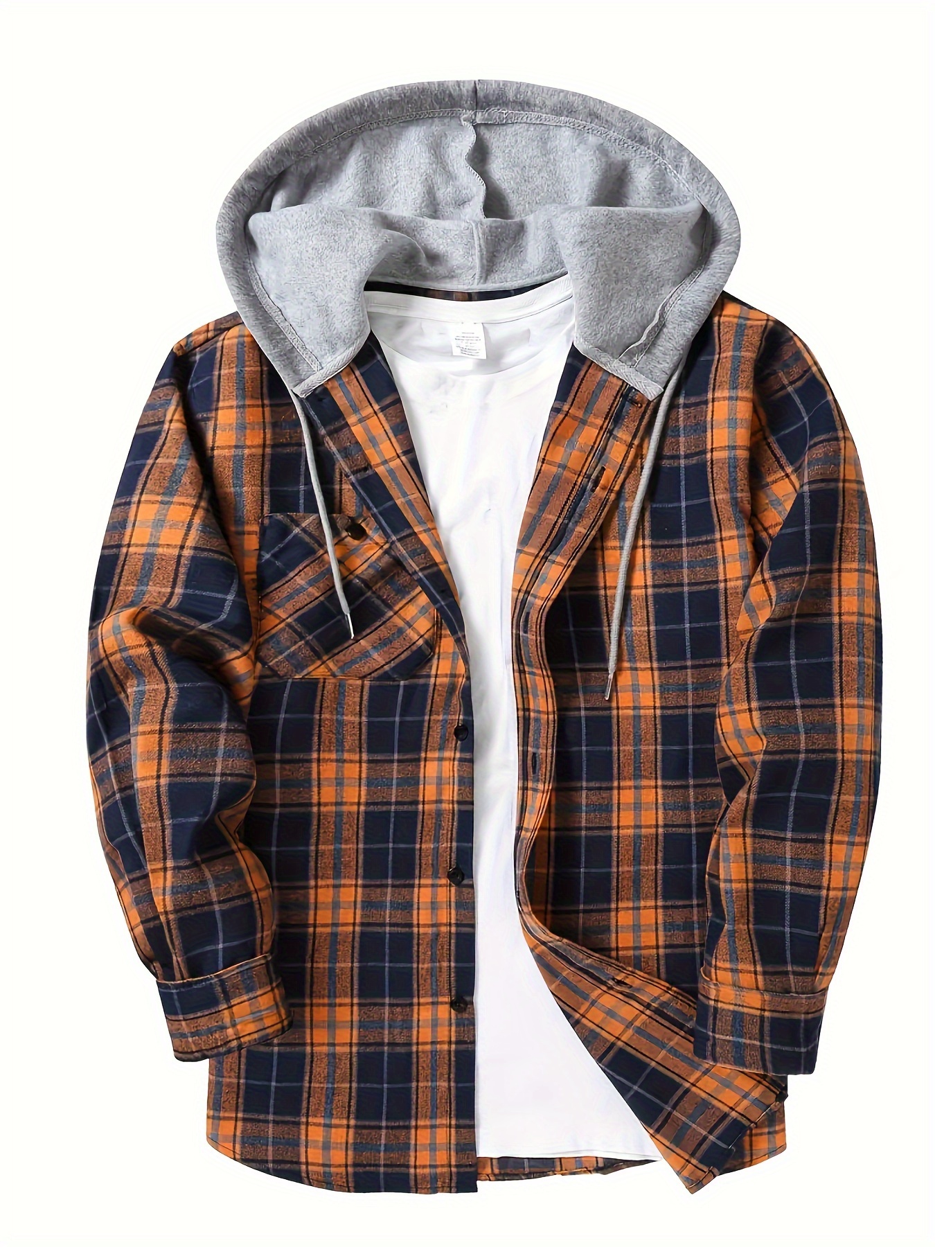 plaid pattern mens long sleeve hooded shirt with chest pocket drawstring mens casual spring fall clothing details 30