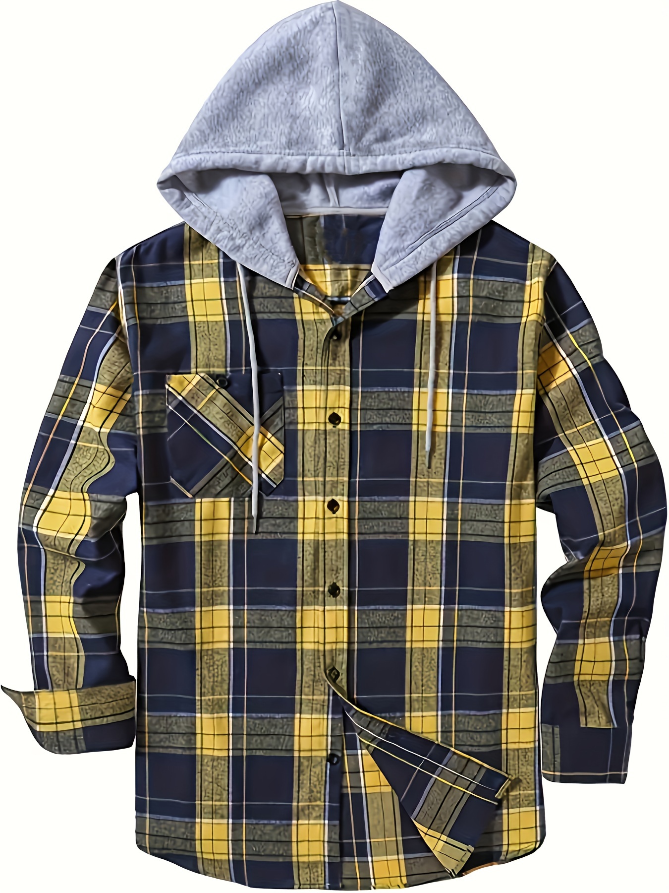 plaid pattern mens long sleeve hooded shirt with chest pocket drawstring mens casual spring fall clothing details 37