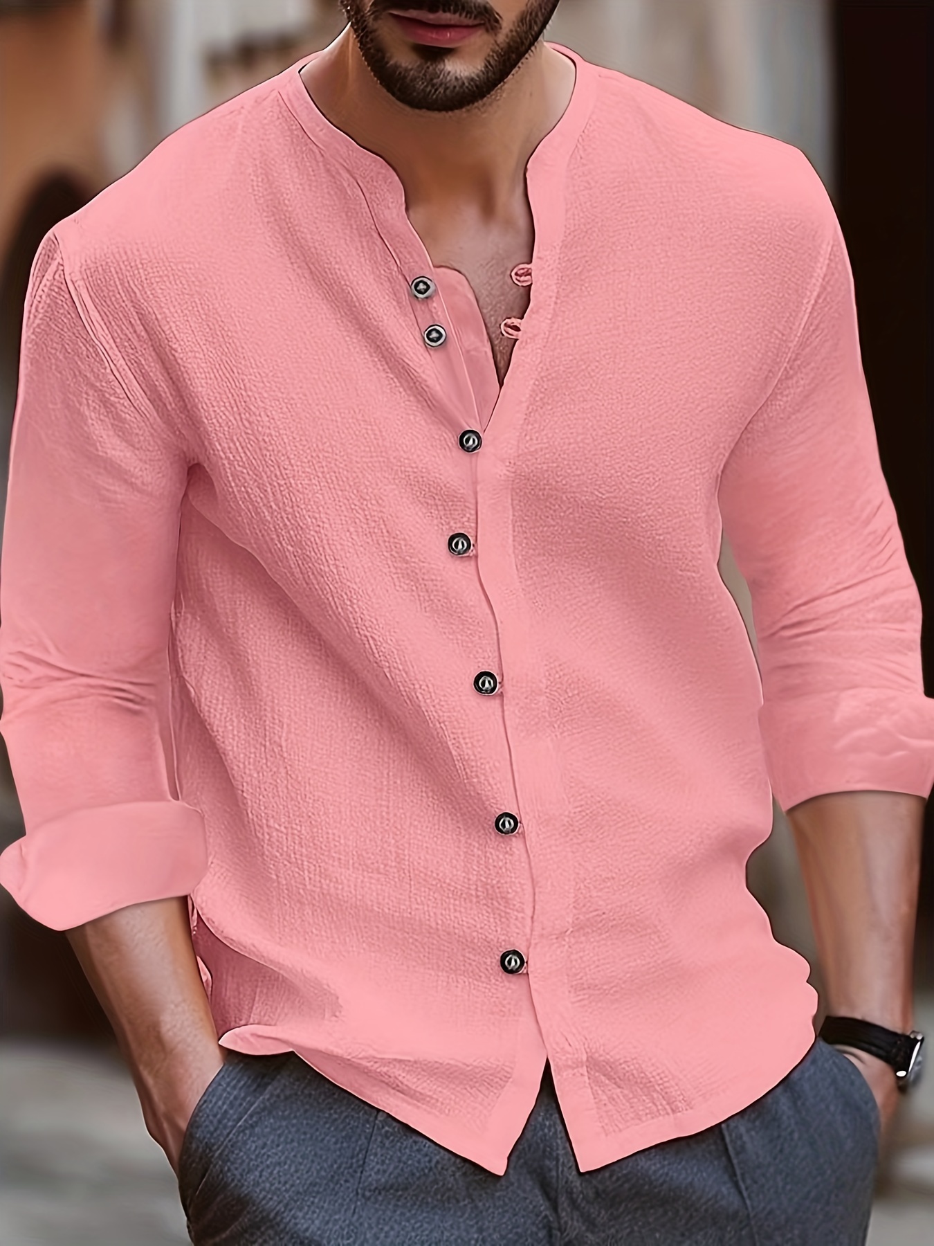 casual solid mens cotton linen v neck long sleeve shirt with button spring fall details 0