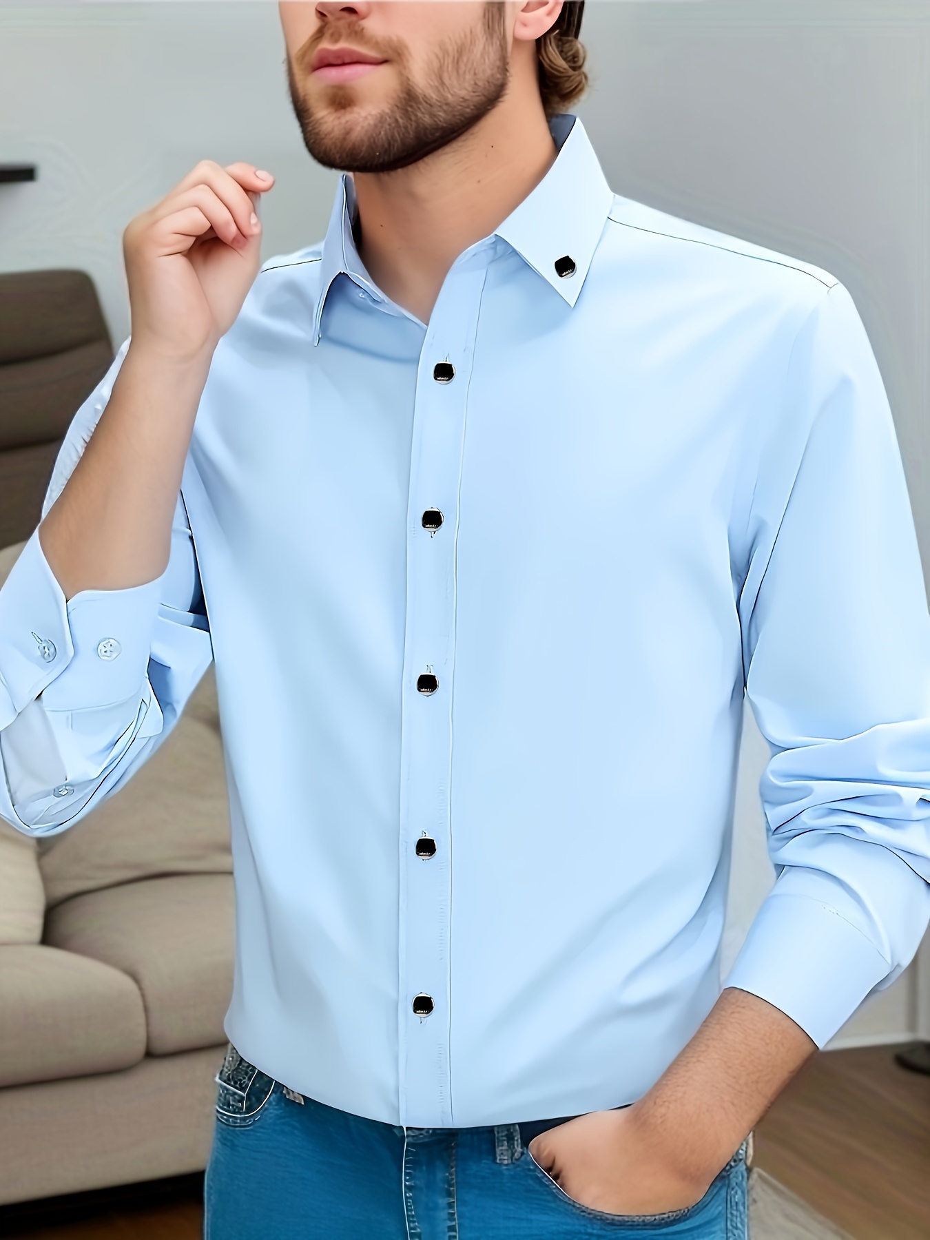 mens stylish solid shirt casual breathable lapel button up short sleeve shirt top for business activities details 4