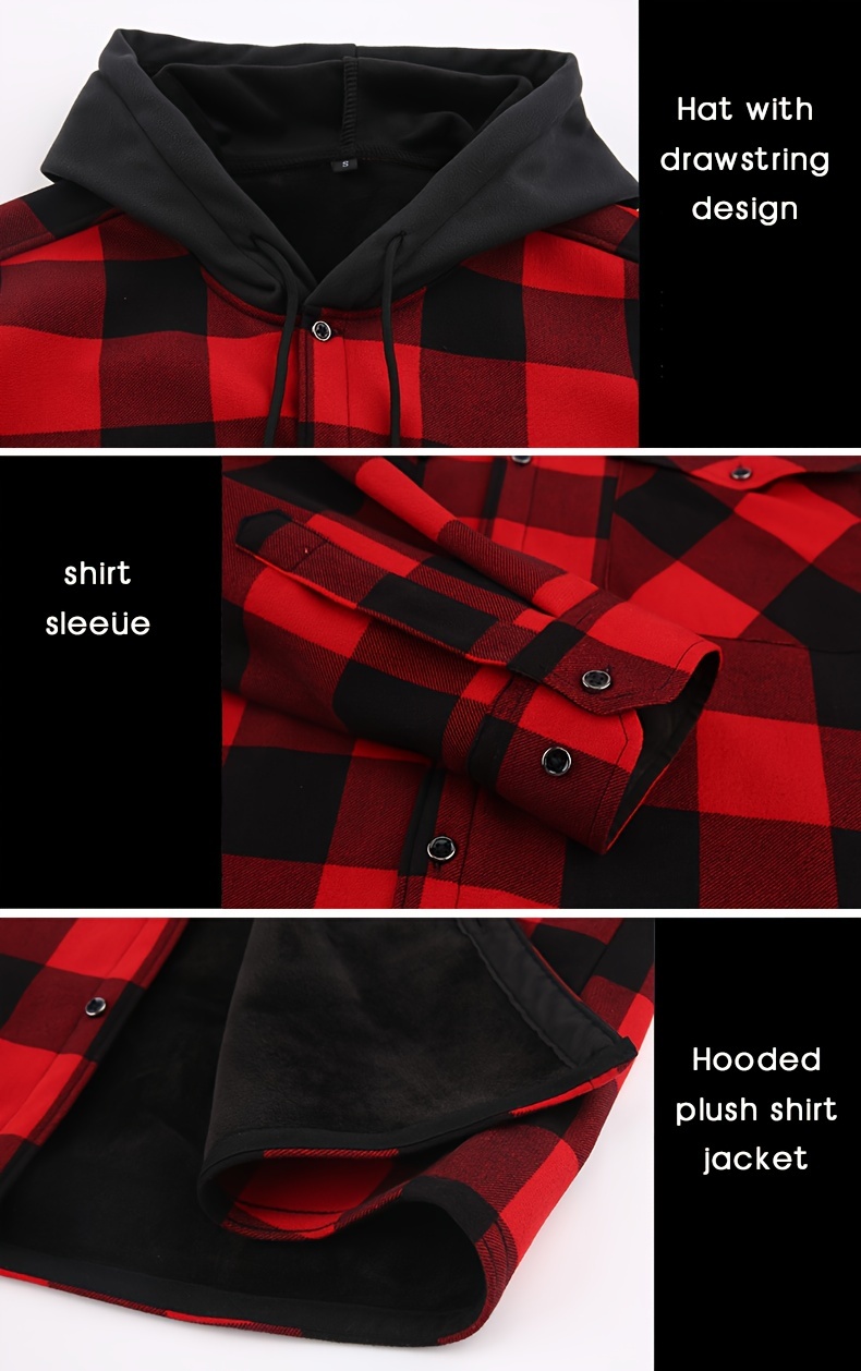 plaid pattern mens casual thick long sleeve hooded shirt with pockets mens button up shirt for fall winter details 4