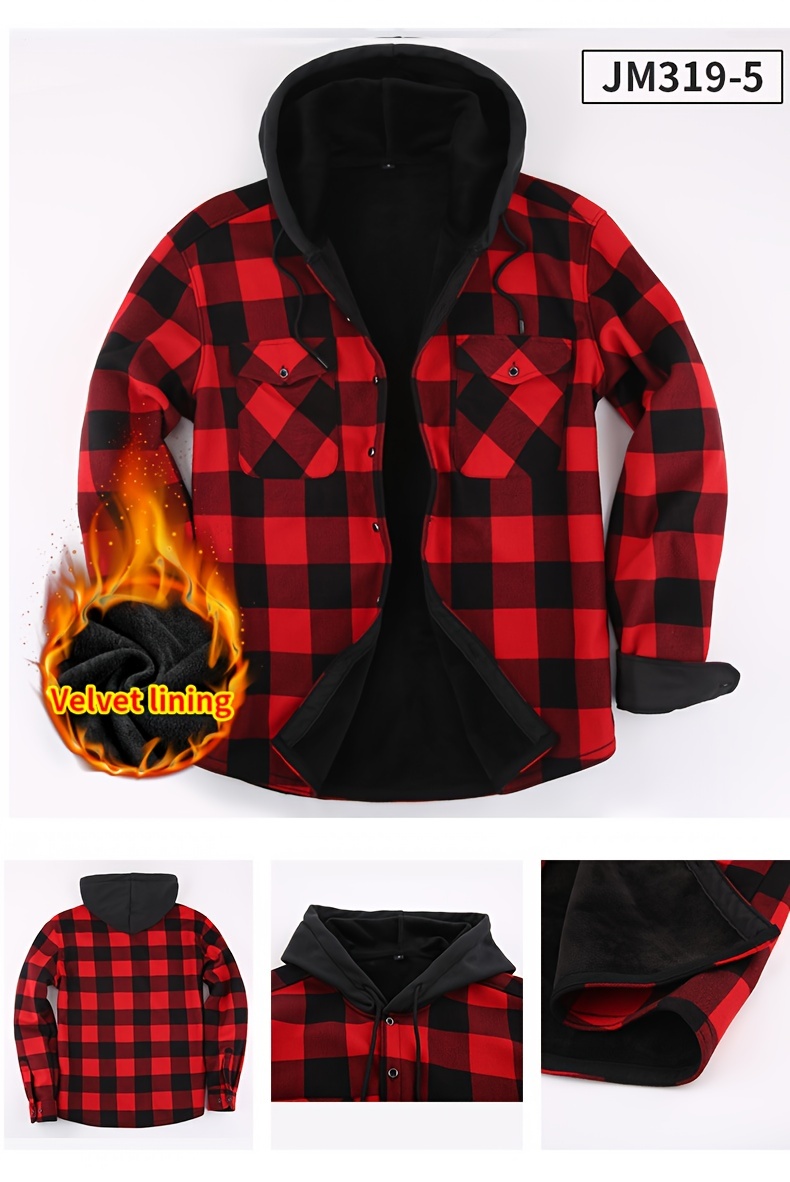 plaid pattern mens casual thick long sleeve hooded shirt with pockets mens button up shirt for fall winter details 8